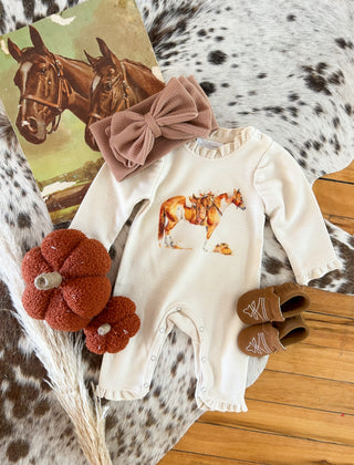 Western Fall Paint Horse Graphic Design Waffle Romper(cream)(little kid)