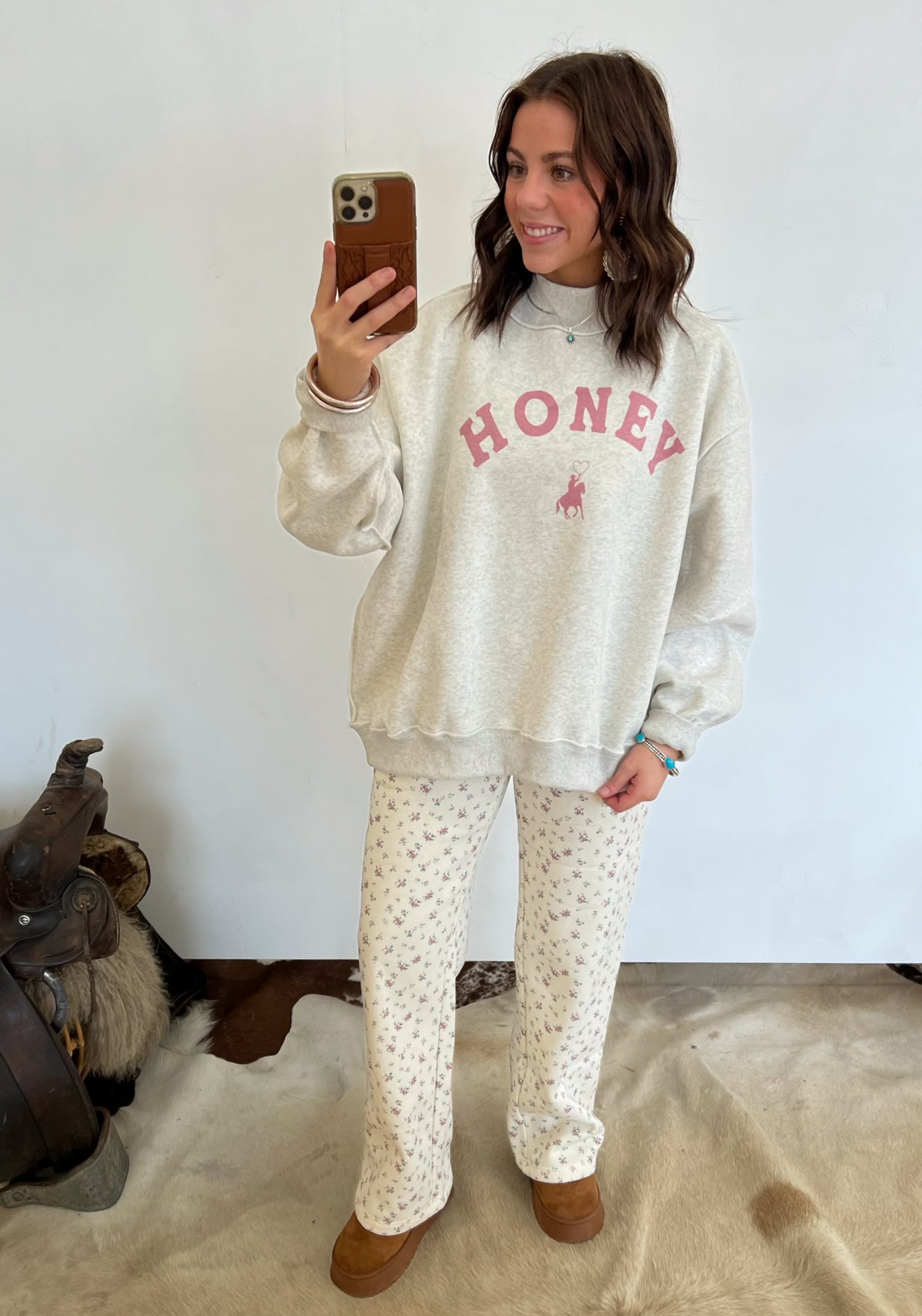 Honey Honey Floral Mock Neck Wide Leg Set