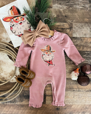 Cowboy Santa Christmas Graphic Design Waffle Romper(blush)(little kid