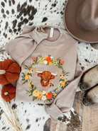 Western Floral Highland Fall Graphic Design Tee or Sweatshirt (Mocha)