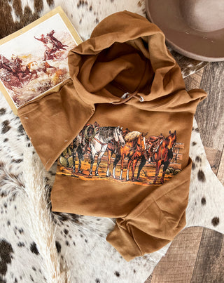 Saddle Up Horses Western Graphic Hoodie (Cognac)