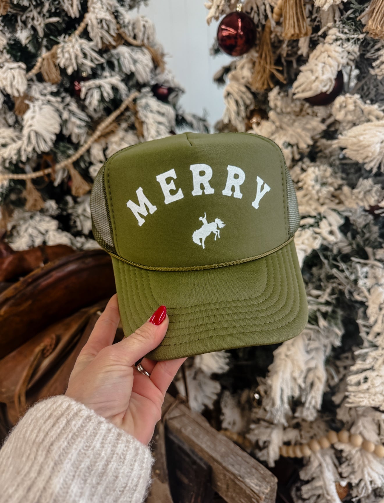 Merry Bronc Christmas Trucker Hat (Adult)(Olive) Olive