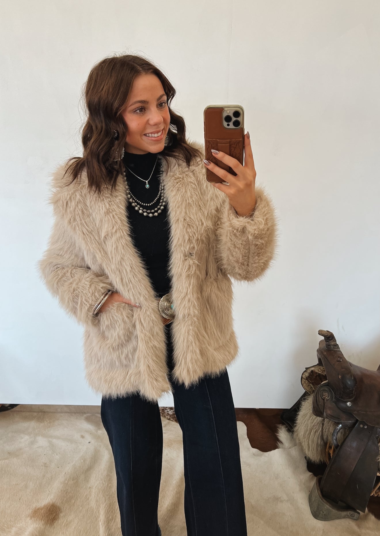 Beth Faux Fur Coat (Taupe) Tops - Outwear