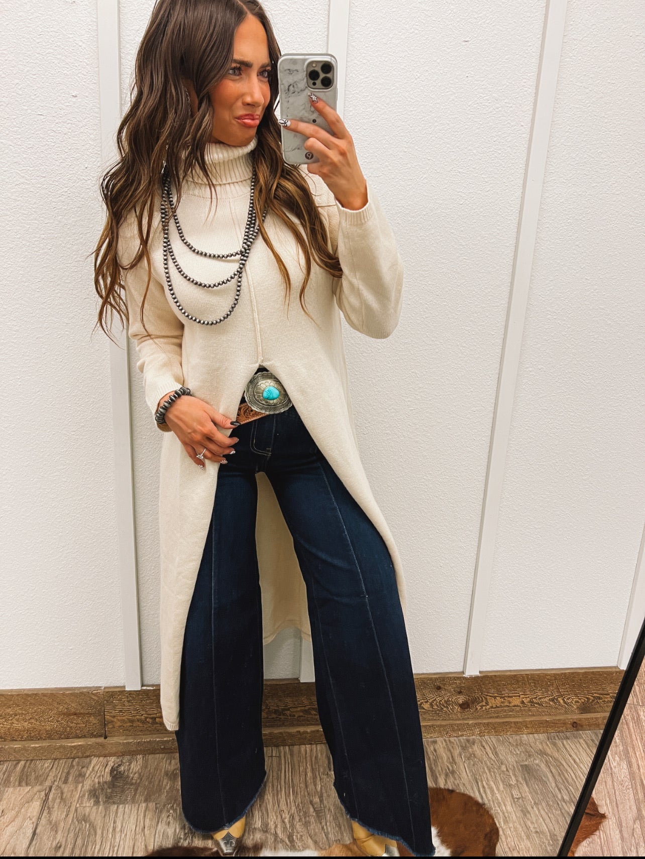 Turtle Neck Sweater Dress With Slit (Ecru) Tops - Sweaters