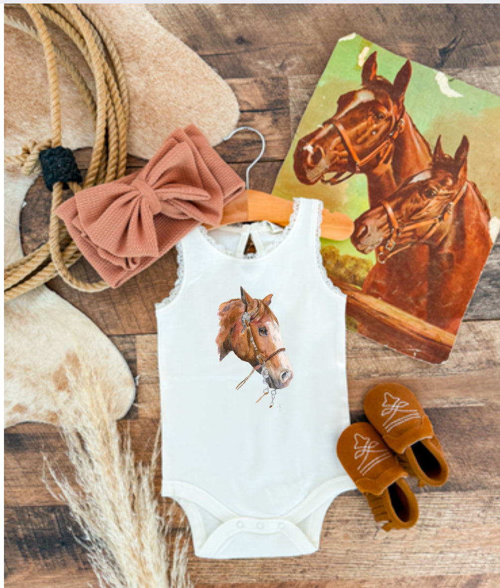 Blazin’ Days Horse Lace Tank Onesie/Top (little kid)(white)