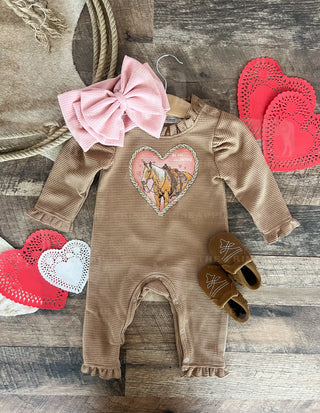 Heart Horse Valentines Waffle Romper(Infant)(Cognac)