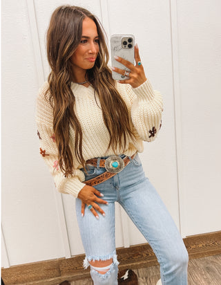 Embroidered Flower Knit V-Neck Cowgirl Chic Sweater (oatmeal)