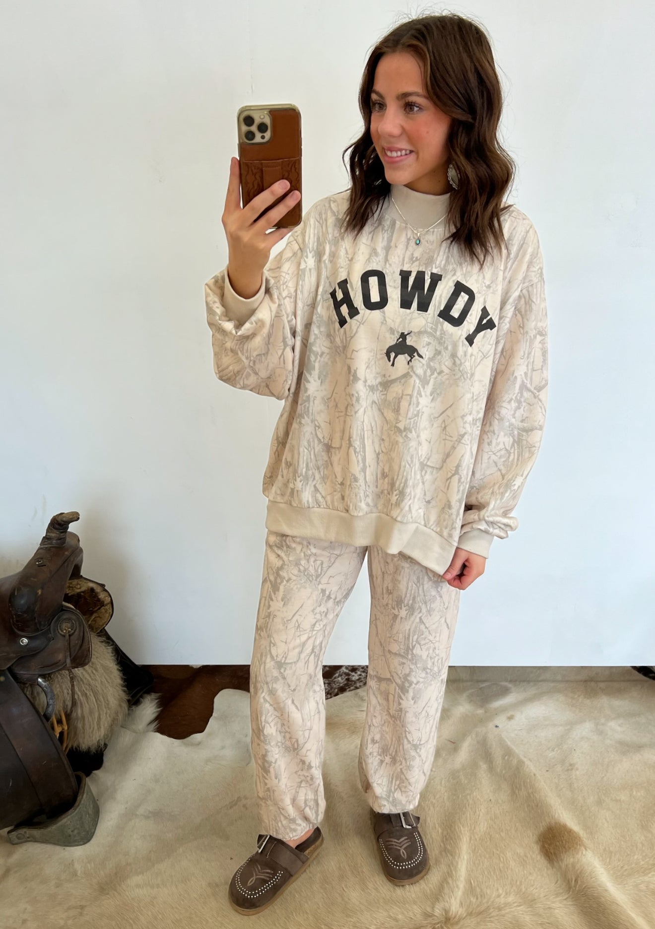 Howdy Western Oversized Mock Neck Set (Taupe Camo)