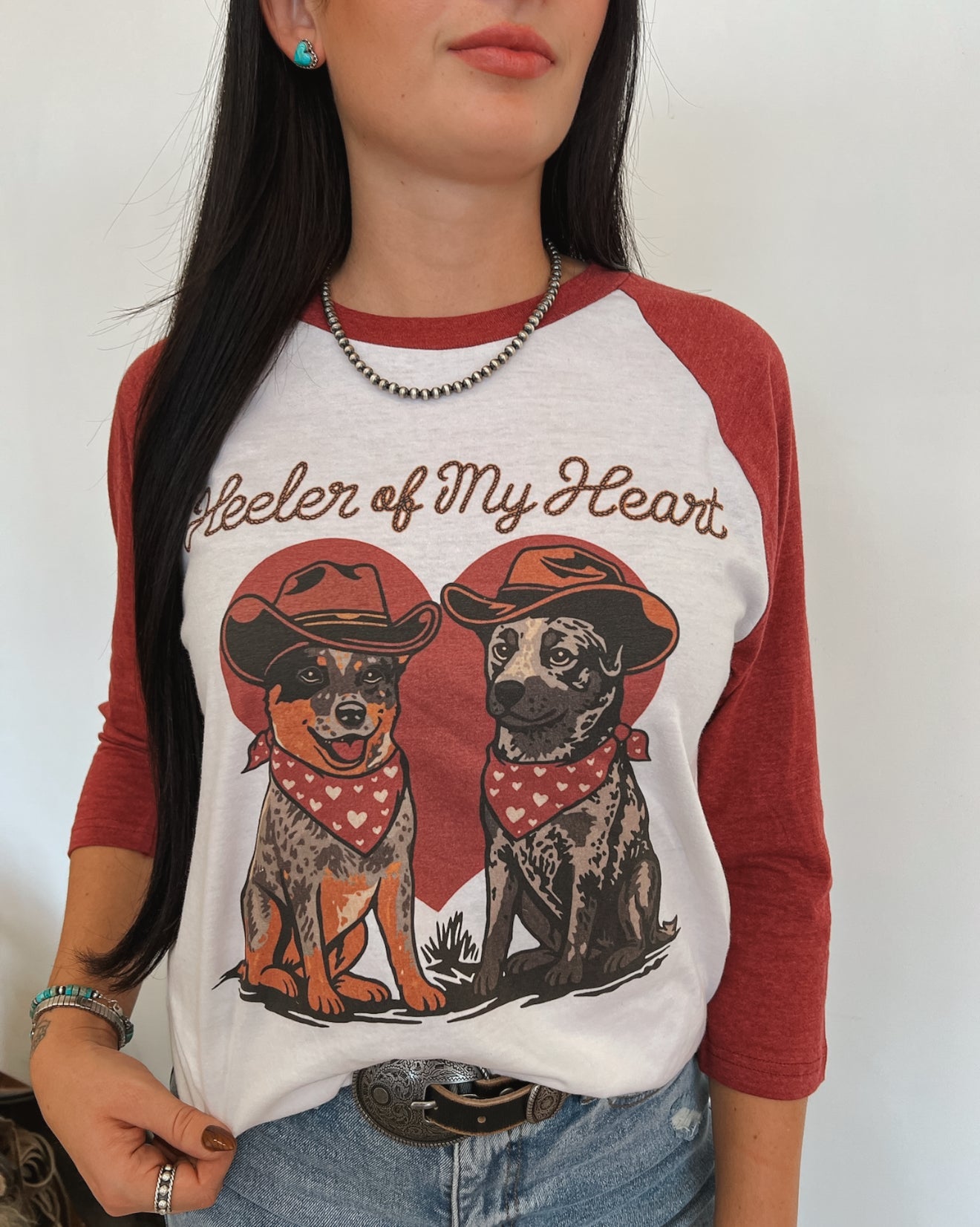 Heeler Of My Heart Valentines Raglan Tee — Heather Red/Cream