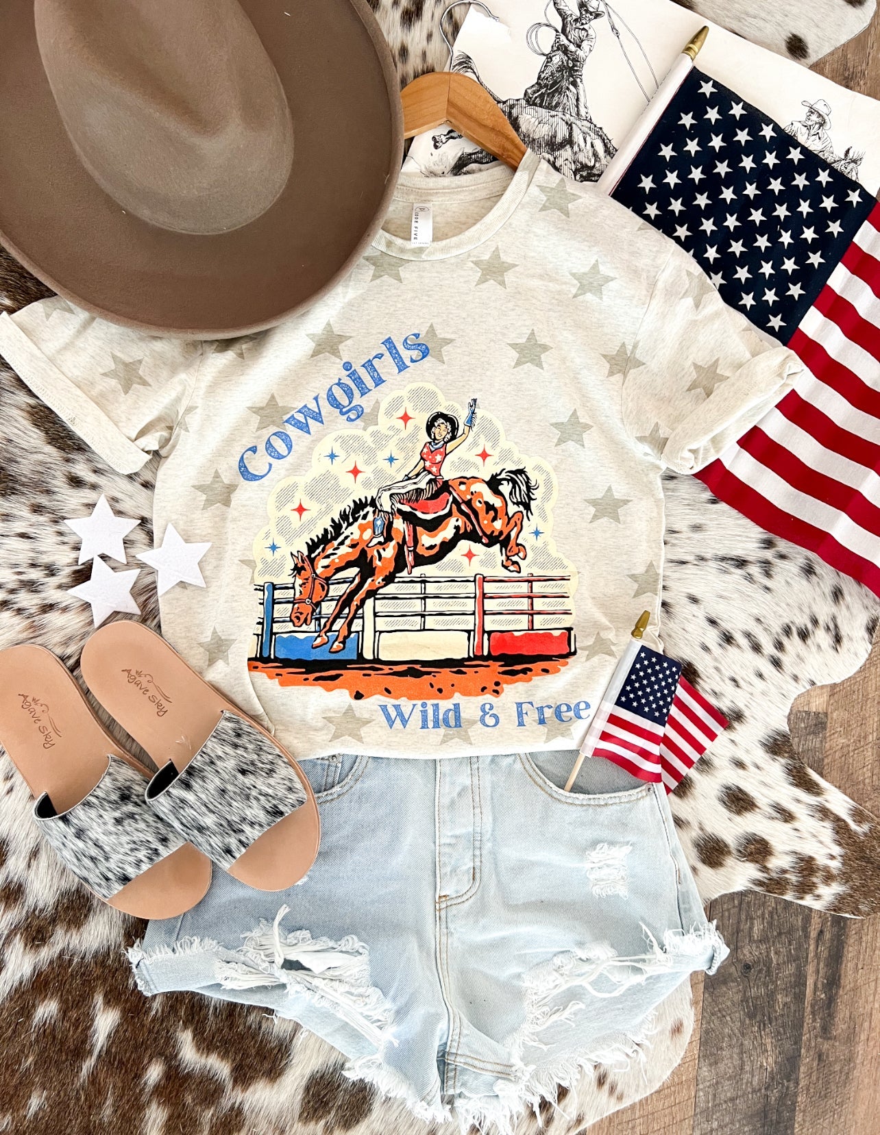 Western 4th Of July-Cowgirls Wild & Free Stars Cream Tee