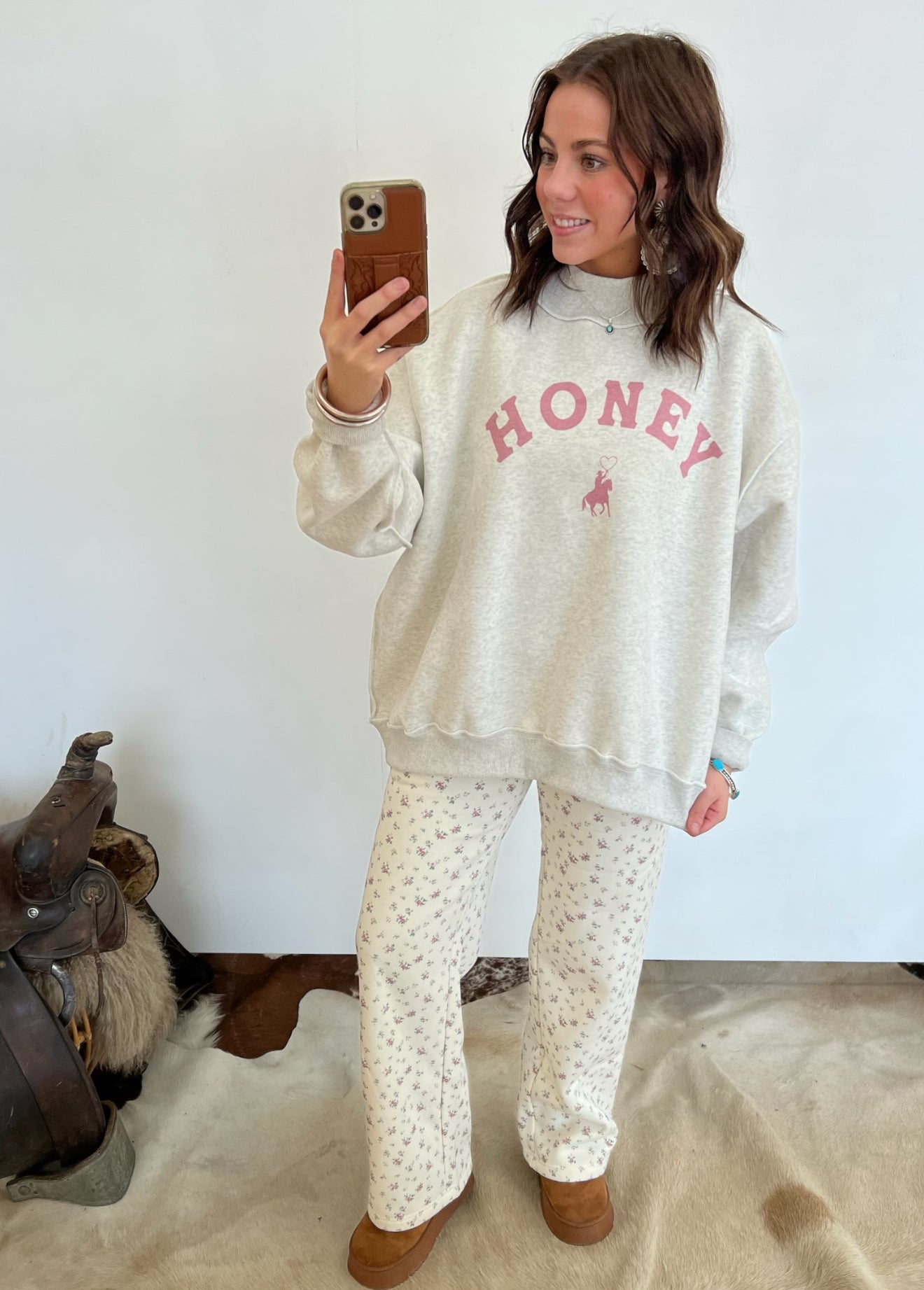 Honey Honey Floral Mock Neck Wide Leg Set