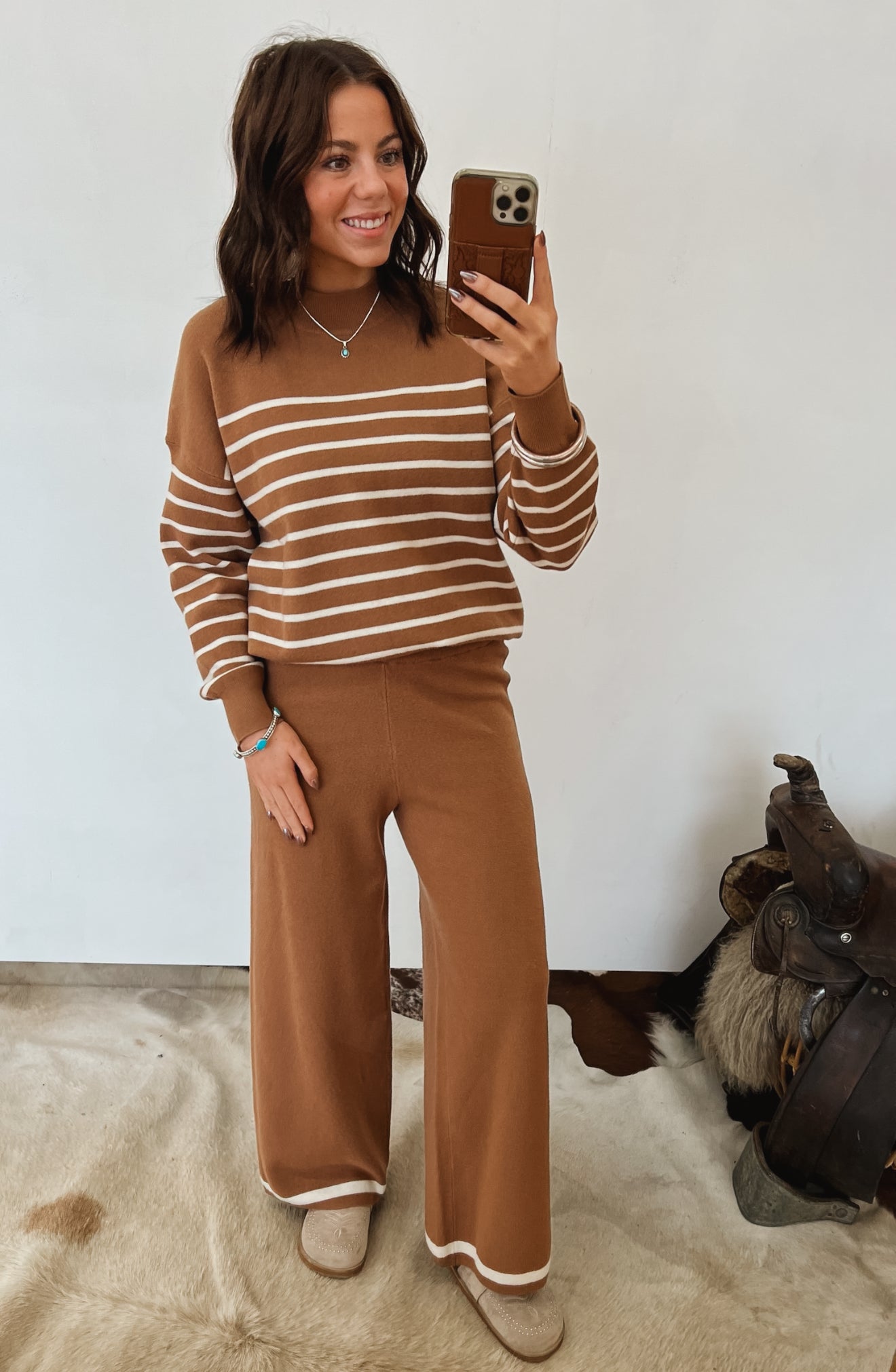 Home On The Range Striped Lounge Set (Camel) Tops - Sweaters