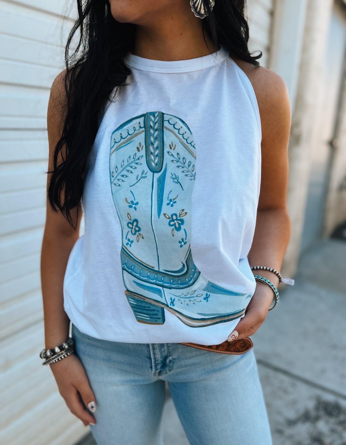 Blue Boot Halter Tank-White
