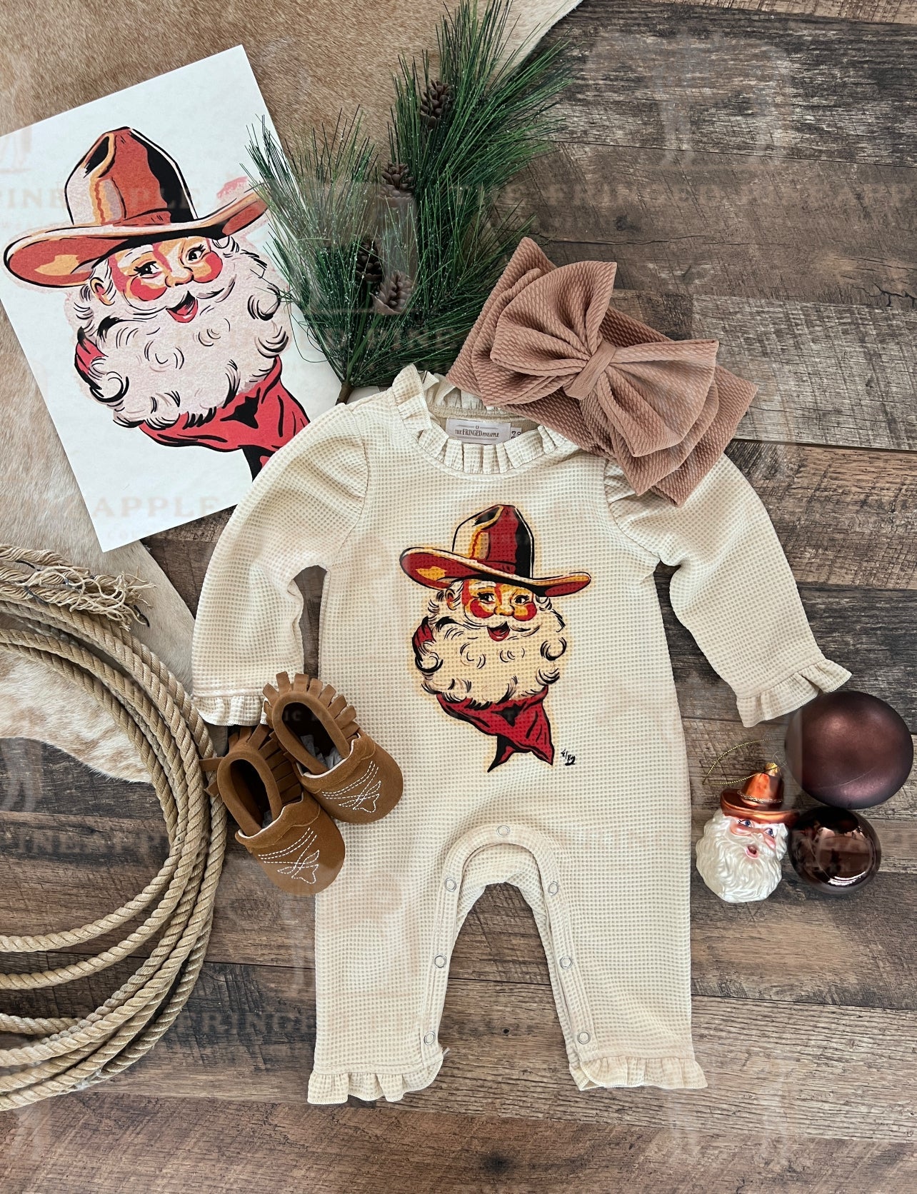 Cowboy Santa Christmas Graphic Design Waffle Romper(cream)