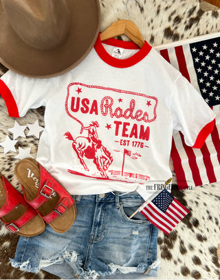 Western 4th Of July-USA Rodeo Team Red Ringer Tee