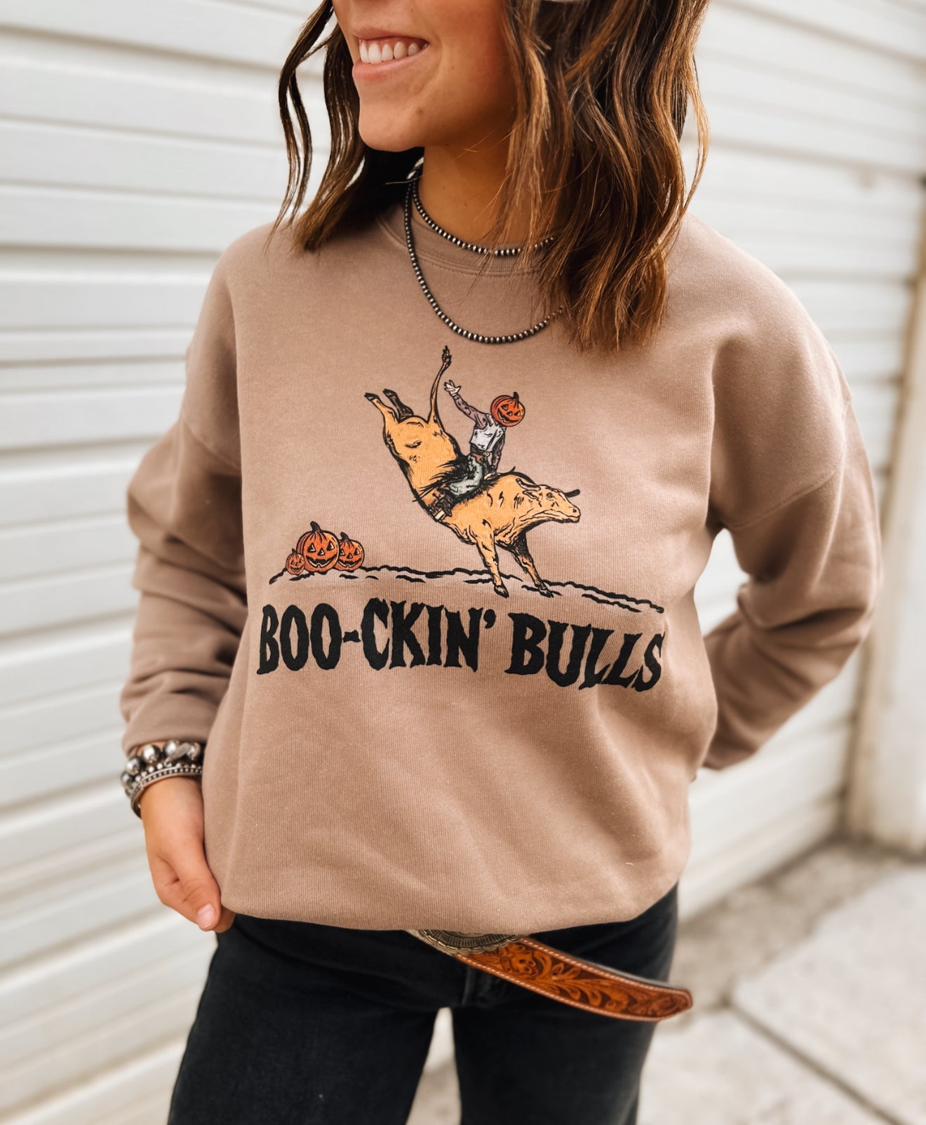 Boo- kin’ Bulls Halloween Rodeo T-shirt Or Sweatshirt(Brown)