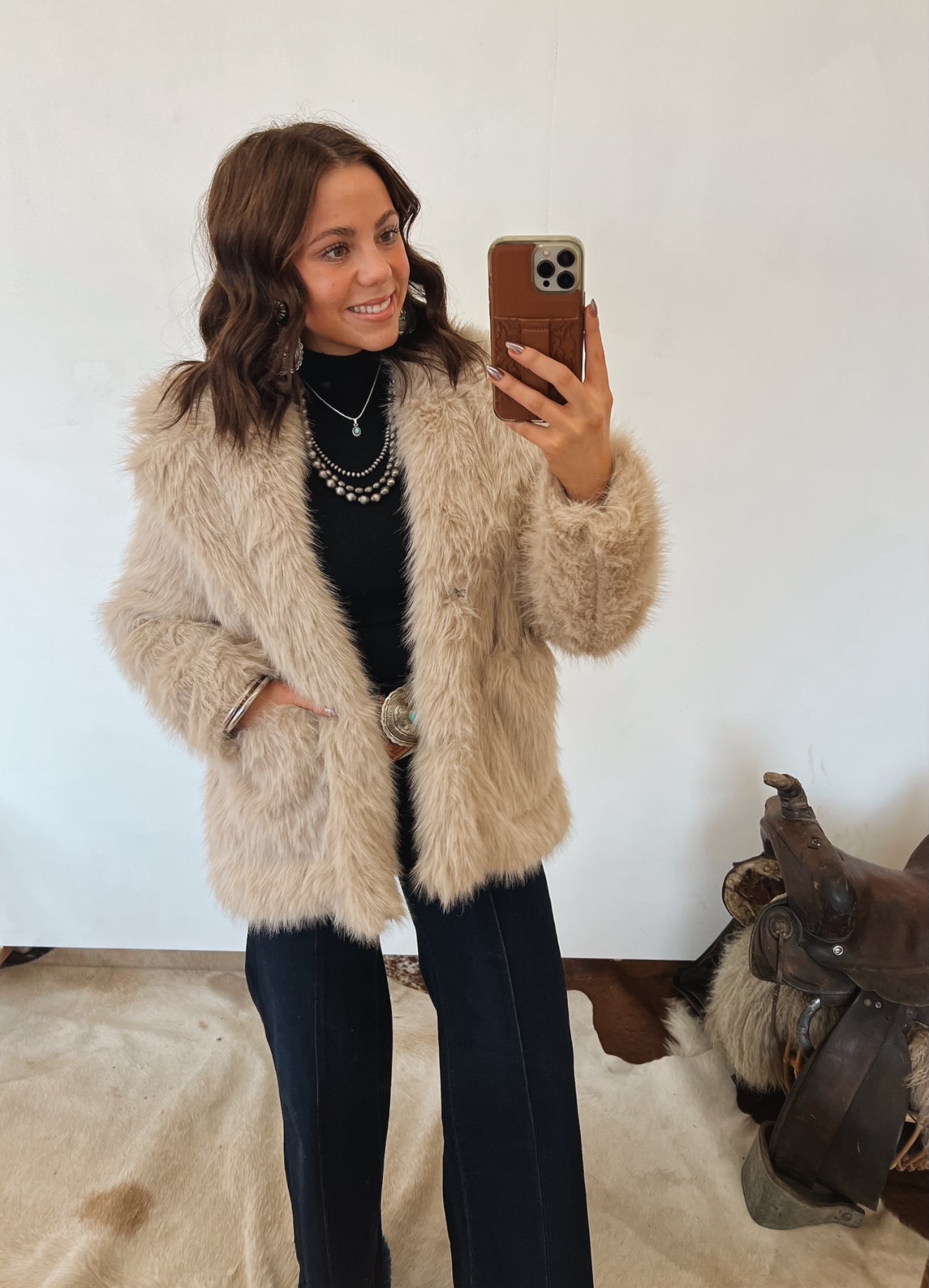 Beth Faux Fur Coat (Taupe) Tops - Outwear