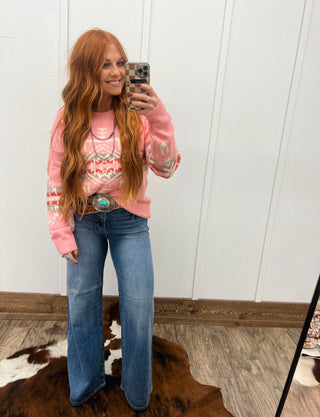 Plush Aztec Western Sweater (Pink)