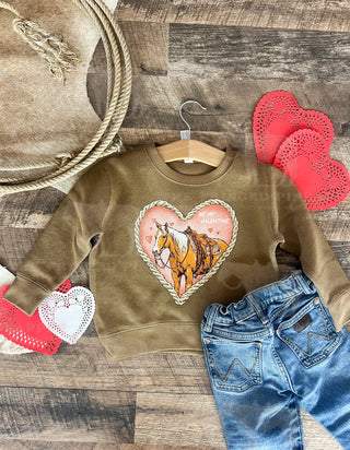 Heart Horse Valentines Sweatshirt(Infant/Toddler/Youth)(Cognac/Coyote)