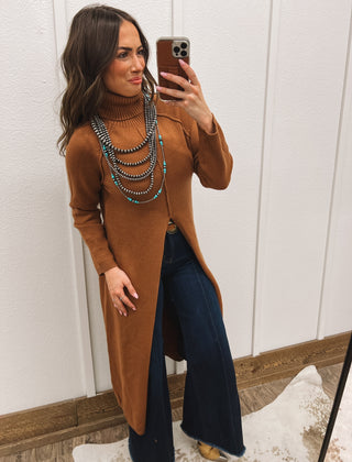 Turtle Neck Sweater Dress With Slit (Camel)