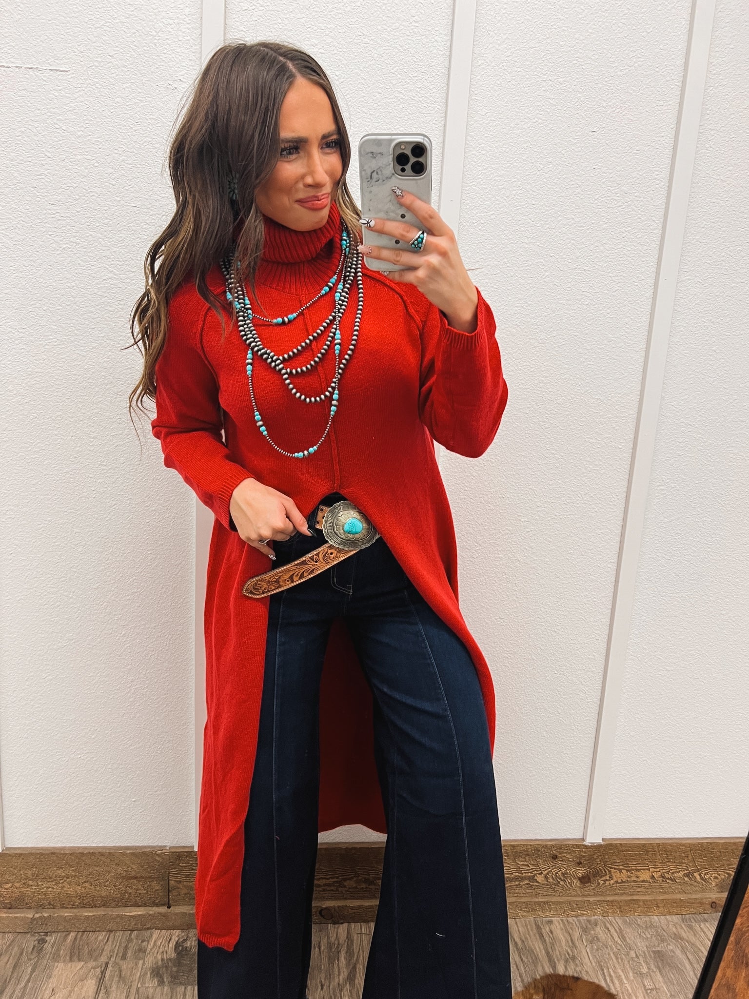 (Restocking Nov 25’)Turtle Neck Sweater Dress With Slit (Red) Tops - Sweaters