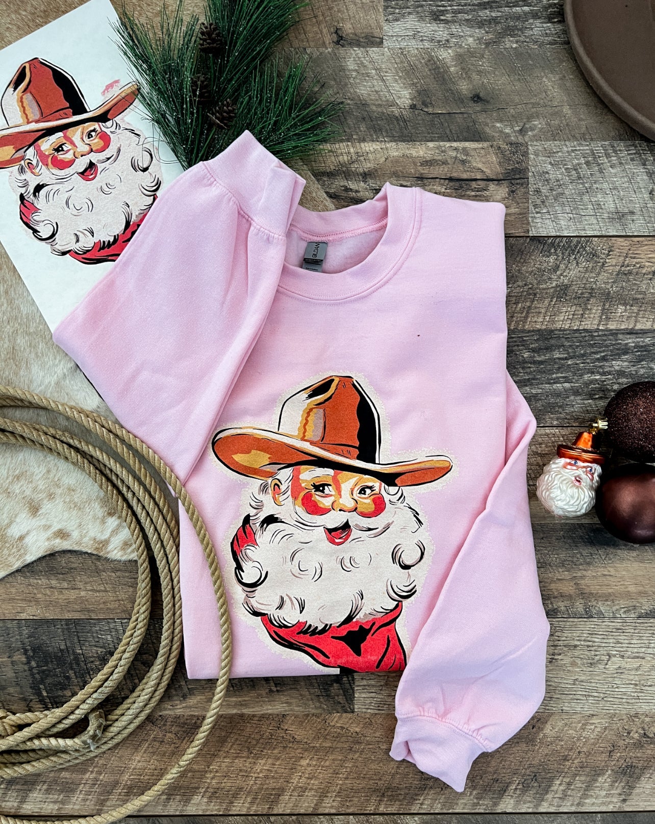 Cowboy Santa Tee or Sweatshirt (light pink)