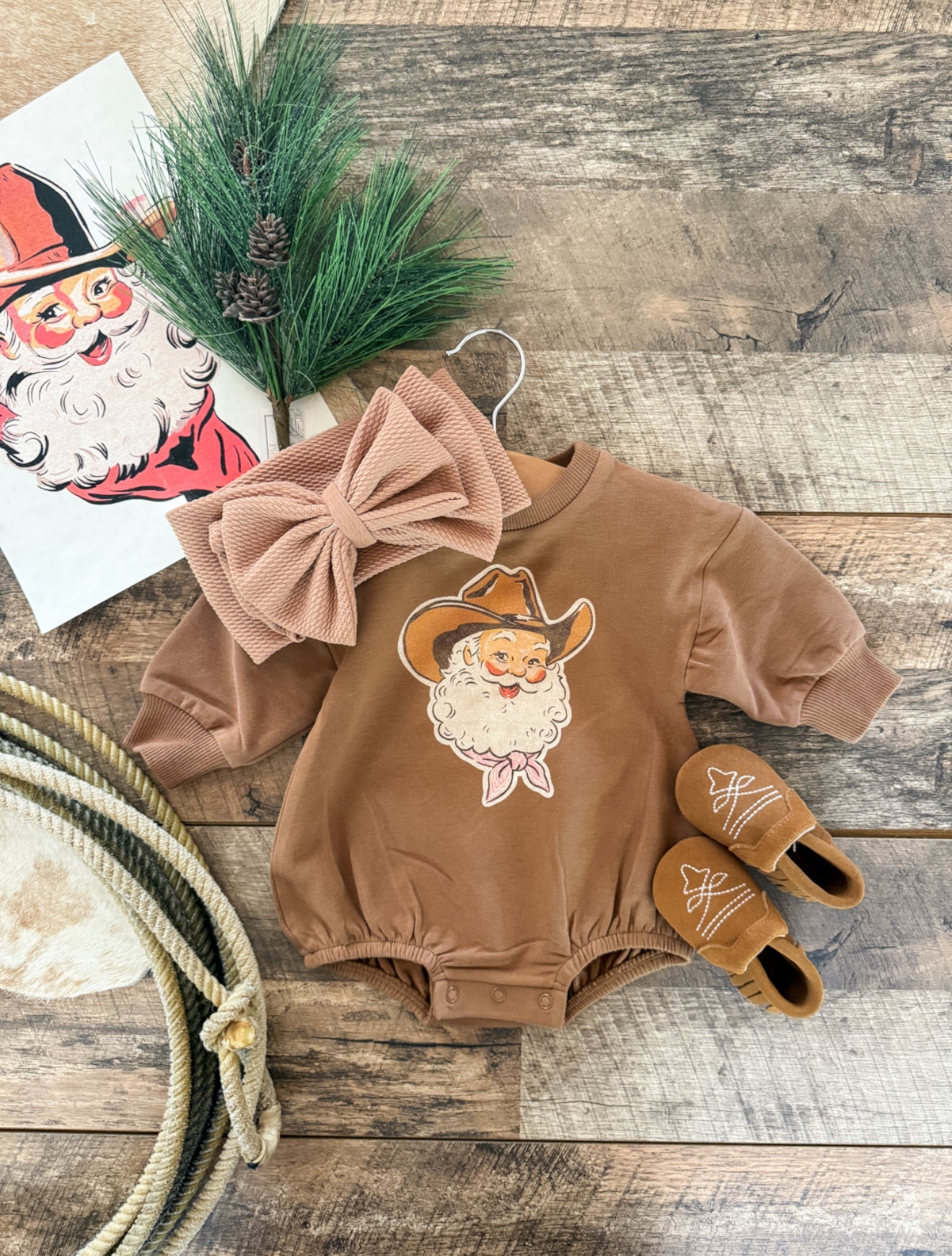 Pink Night Cowboy Santa Christmas Bubble Romper (cognac)