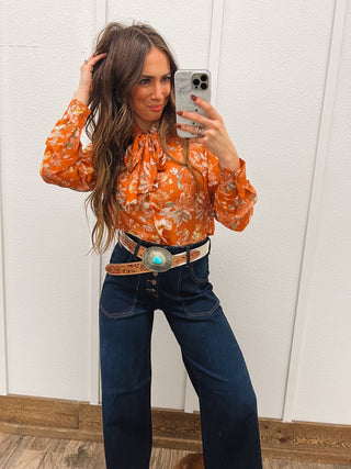 Rust Floral Ruffle Blouse