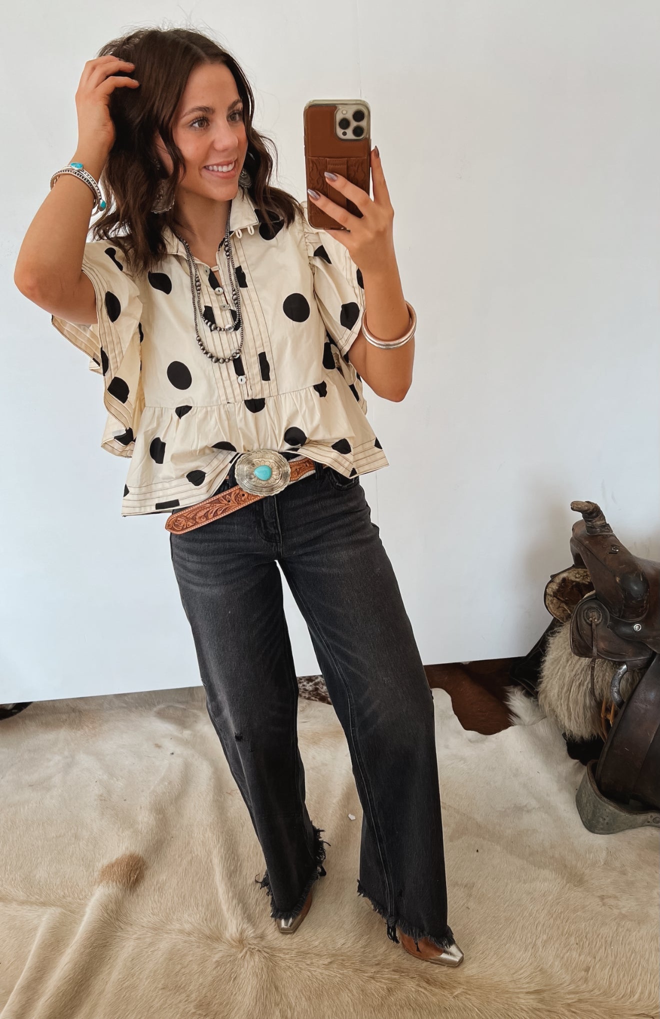 Polka Dot Ruffle Blouse Tops -Blouses