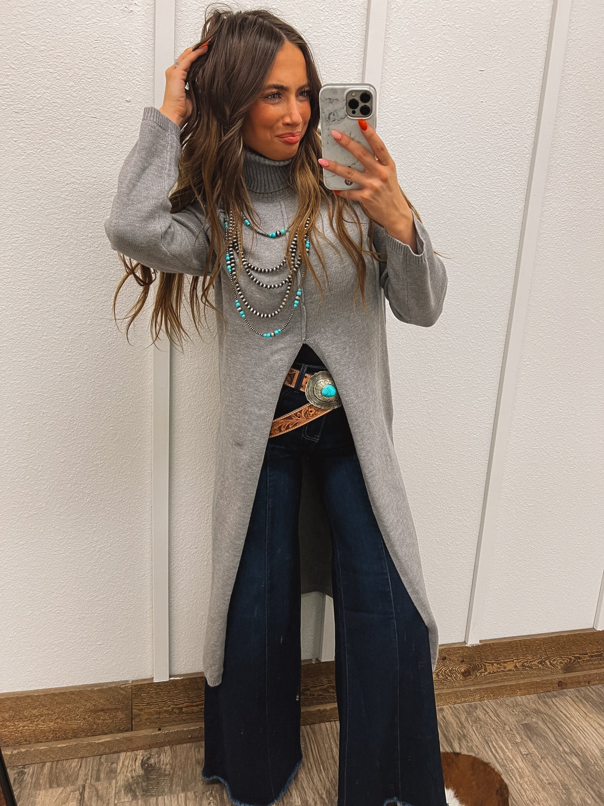 Turtle Neck Sweater Dress With Slit (Grey) Tops - Sweaters
