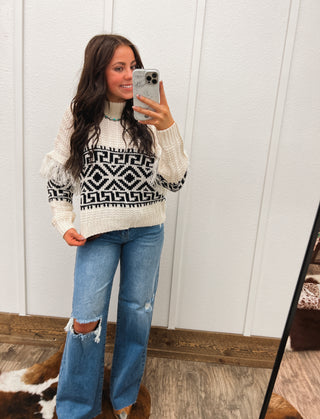 Aztec Mock Neck Fringed Sweater