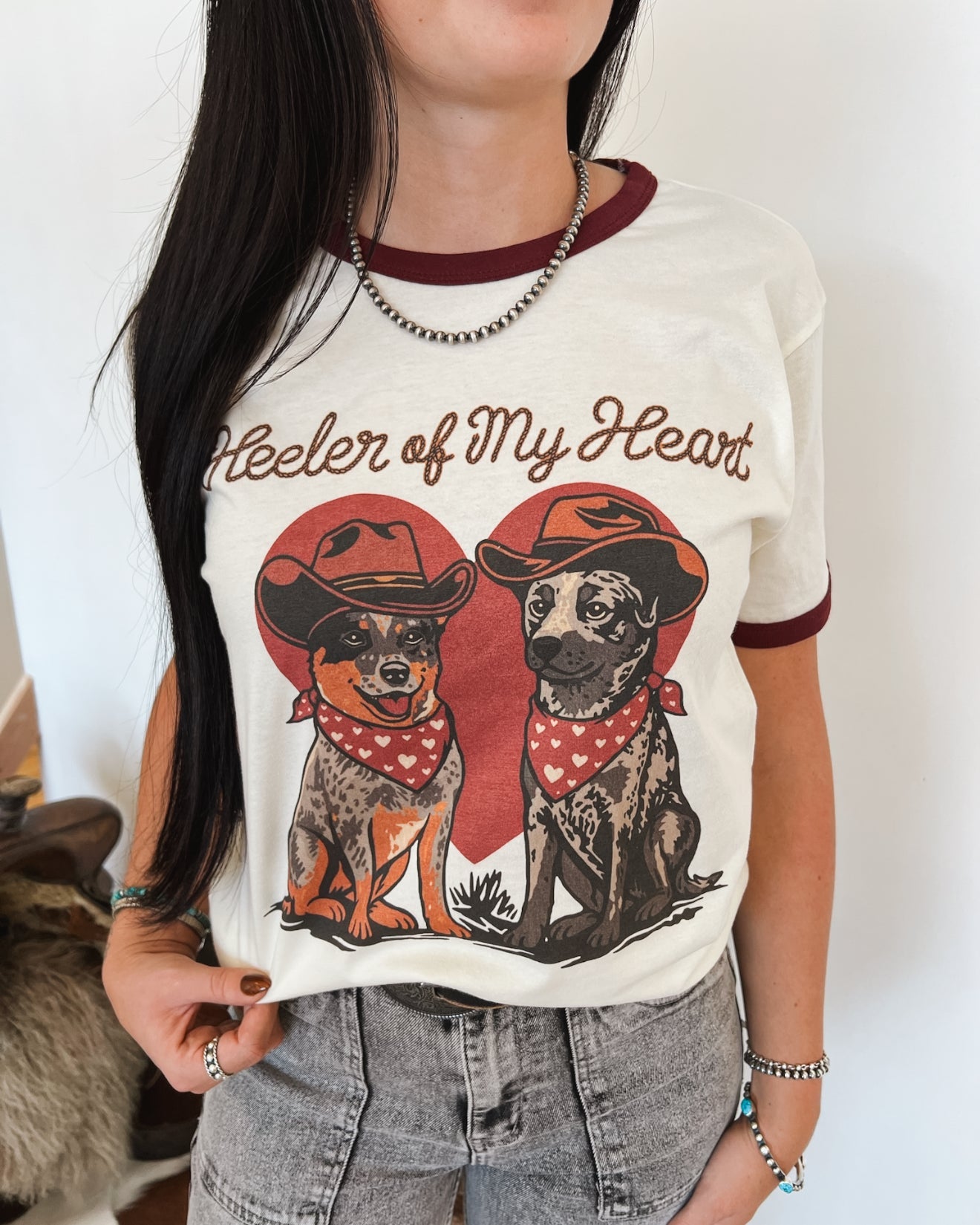 Heeler Of My Heart Ringer Tee (Cream/Burgandy)