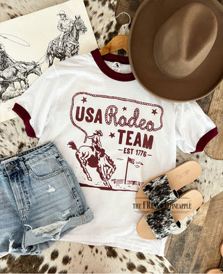 Western 4th Of July-USA Rodeo Team Maroon Ringer Tee