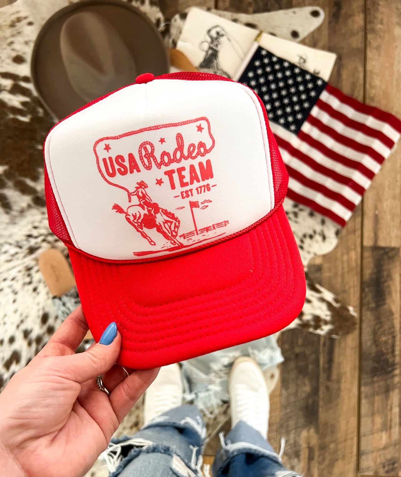 USA Rodeo Team Red Trucker Hat Red/White(Adult)
