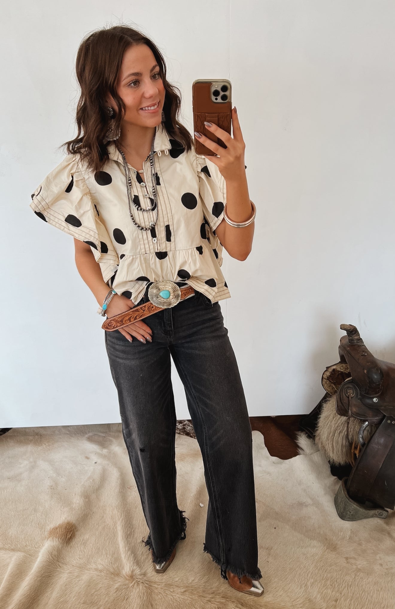 Polka Dot Ruffle Blouse Tops -Blouses