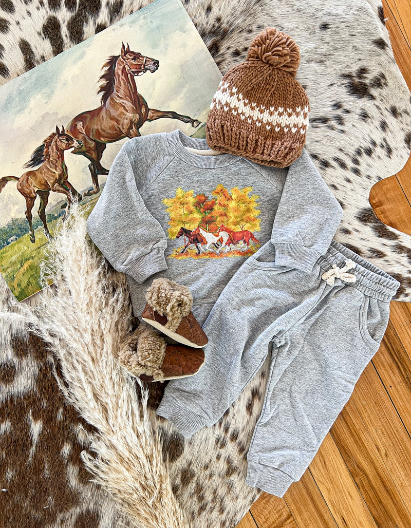 Fall Horses Sweatshirt Set(grey)(FRINGED EXCLUSIVE)