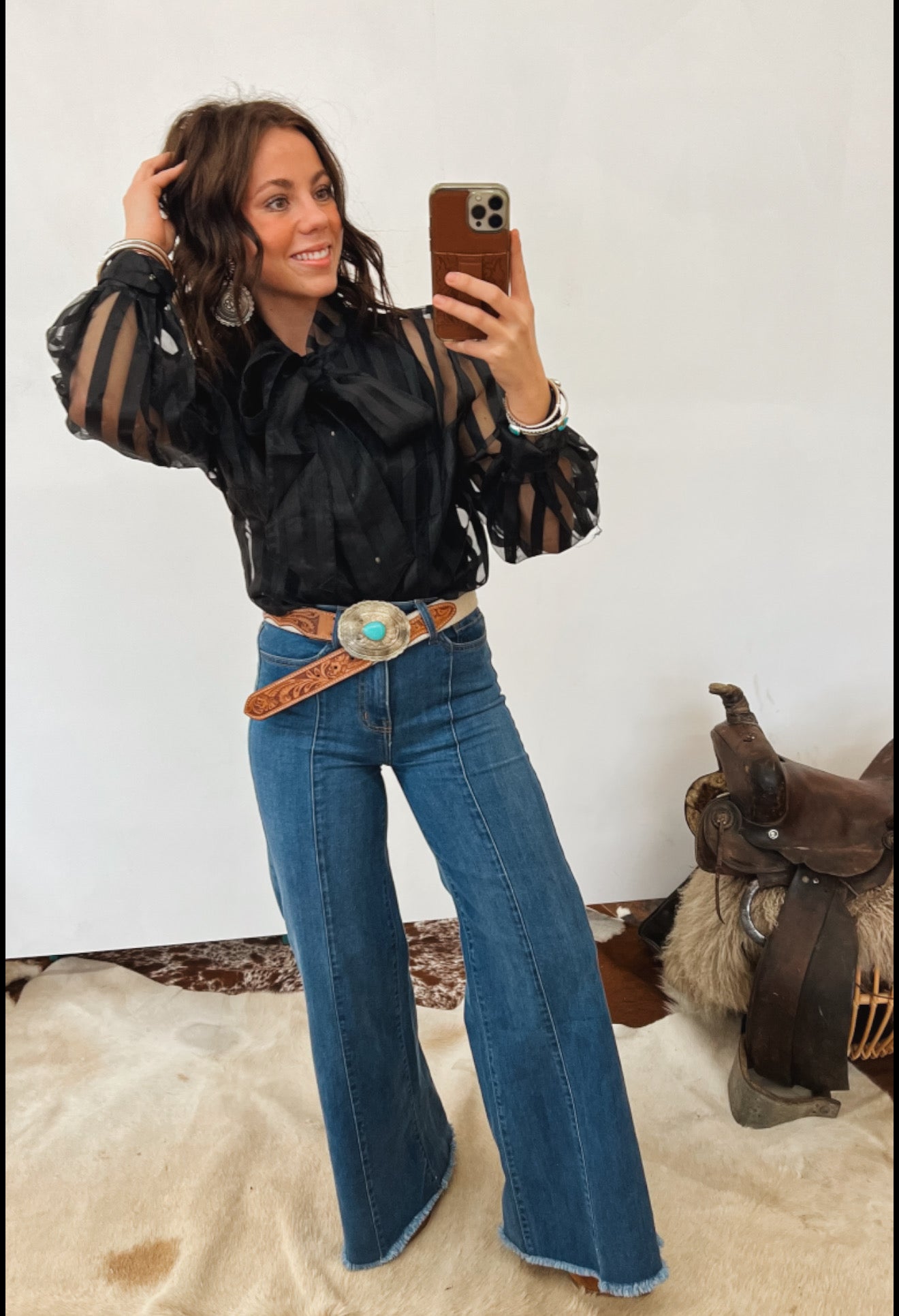 Rocky Striped Sheer Front Tie Blouse (Black) Top