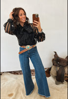 Rocky Striped Sheer Front Tie Blouse (Black) Top