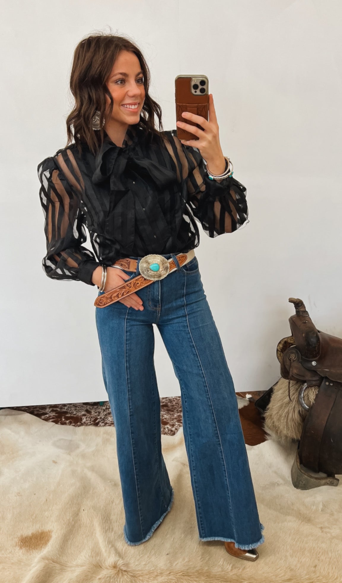 Rocky Striped Sheer Front Tie Blouse (Black) Top