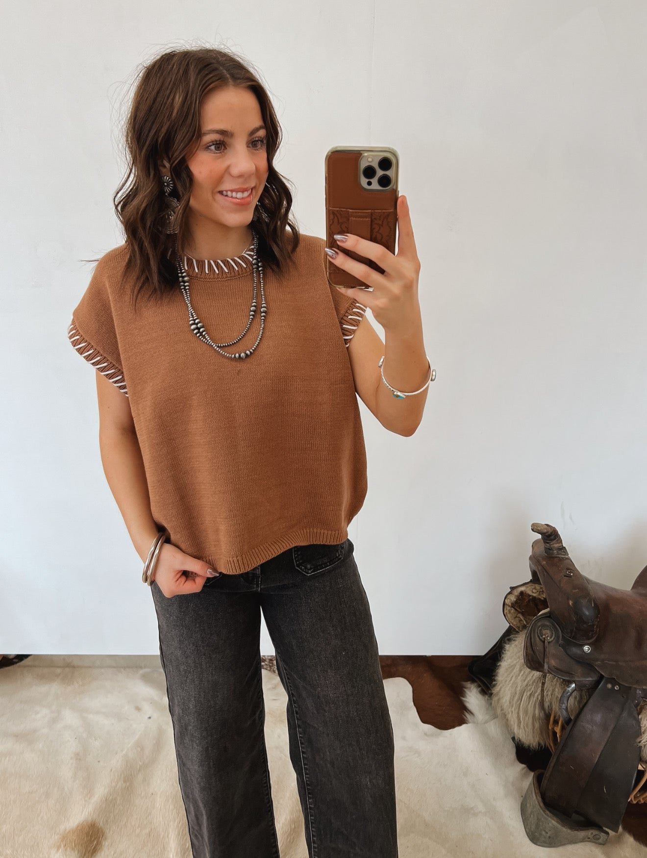 Saddle Stitch Sweater Vest (Deep Camel) Tops - Sweaters