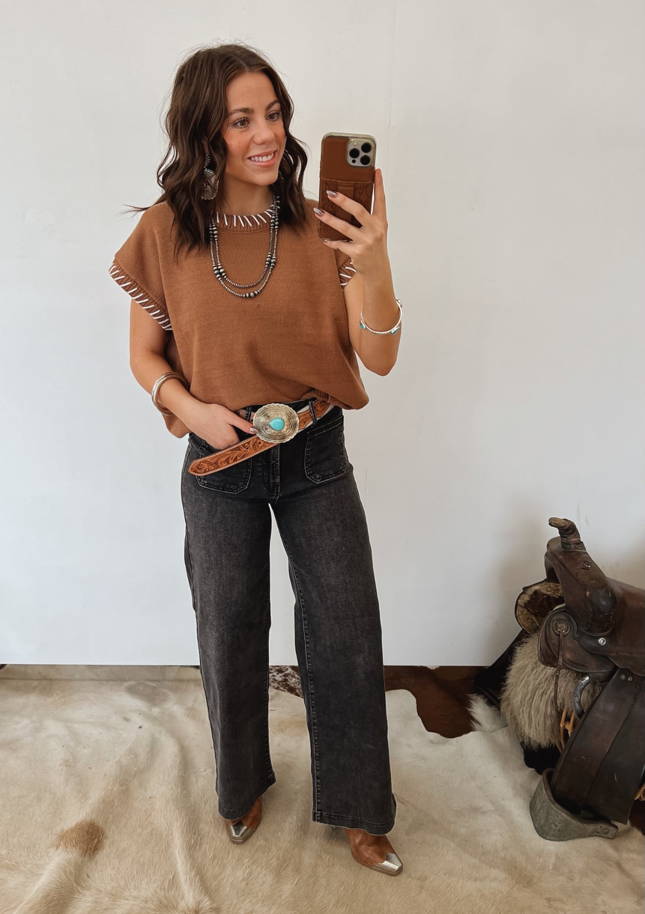 Saddle Stitch Sweater Vest (Deep Camel) Tops - Sweaters