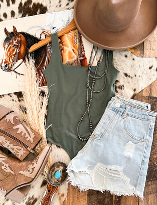 Western Square Neck Tank Bodysuit(Sage)