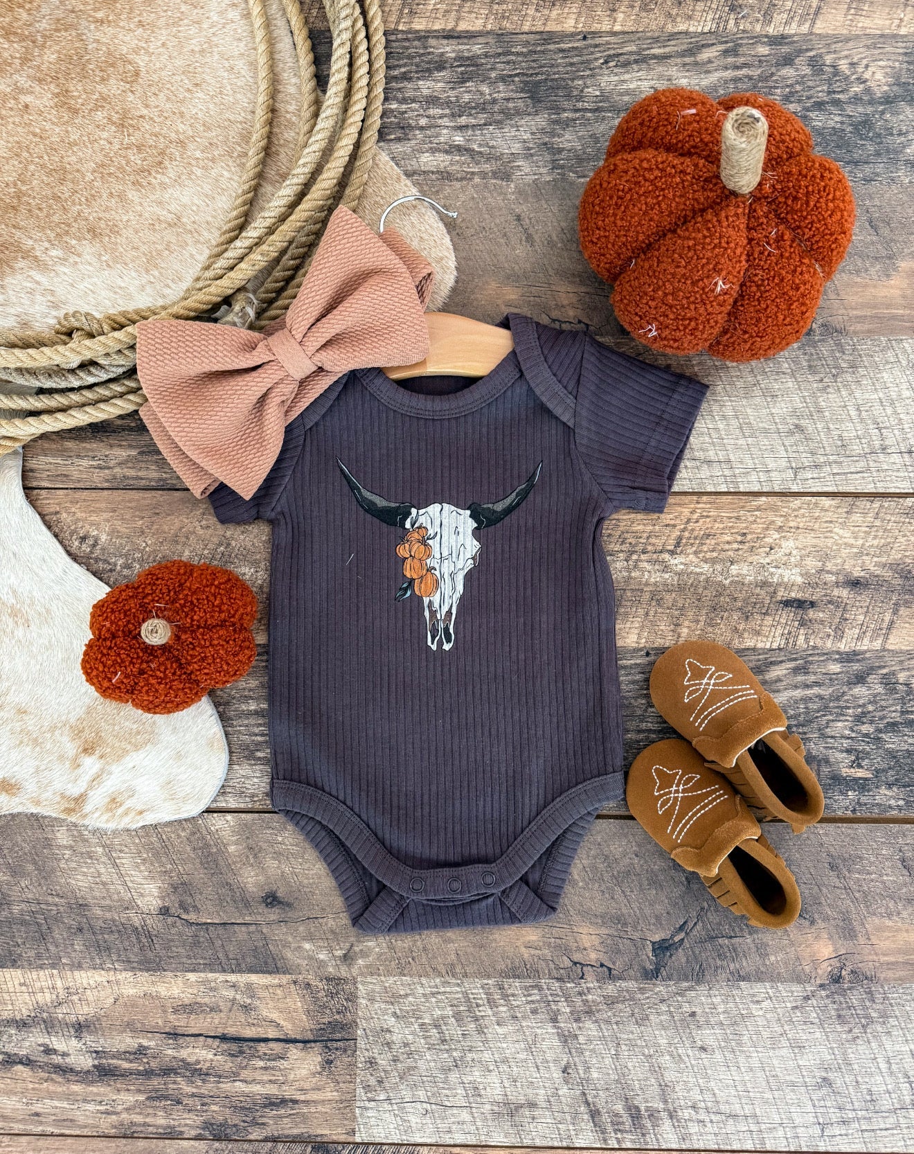 Pumpkin Bull Skull – Ribbed Onesie (Charcoal)