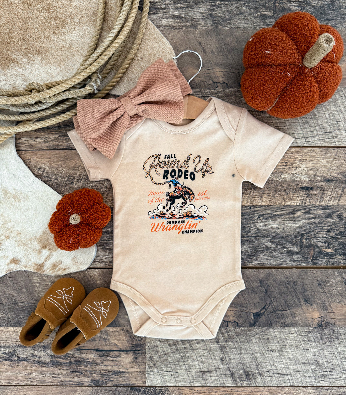 ’Fall Round Up Rodeo’ – Pumpkin Wranglin’ Champion Tee/Onesie (Infant Toddler Youth)
