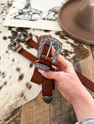 Western Dark Tooled Vintage Belt(Tan)