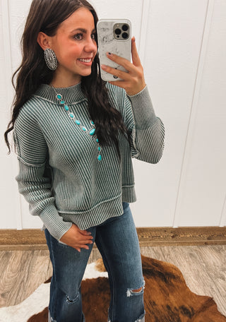 Washed Side Slit Cropped Sweater(Ash Jade)