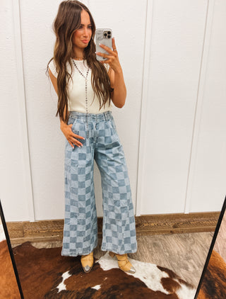 Two Tone Washed Checkered Wide Pants