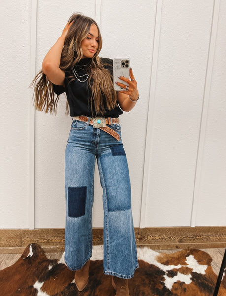 Denim Patchwork Wide Leg Jean(P1676) – theFRINGEDpineapple