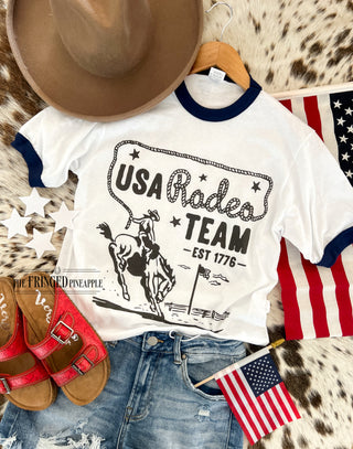 Western 4th Of July-USA Rodeo Team Black Ringer Tee(Navy)