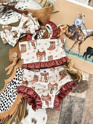 Saddle UP W/Brown Ruffle Two Piece Swimsuit (Minis)